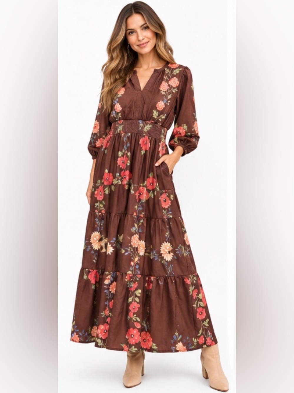 Polagram NWT Brown Floral Smocked Waist Tiered Maxi Dress L Pockets - Picture 2 of 7